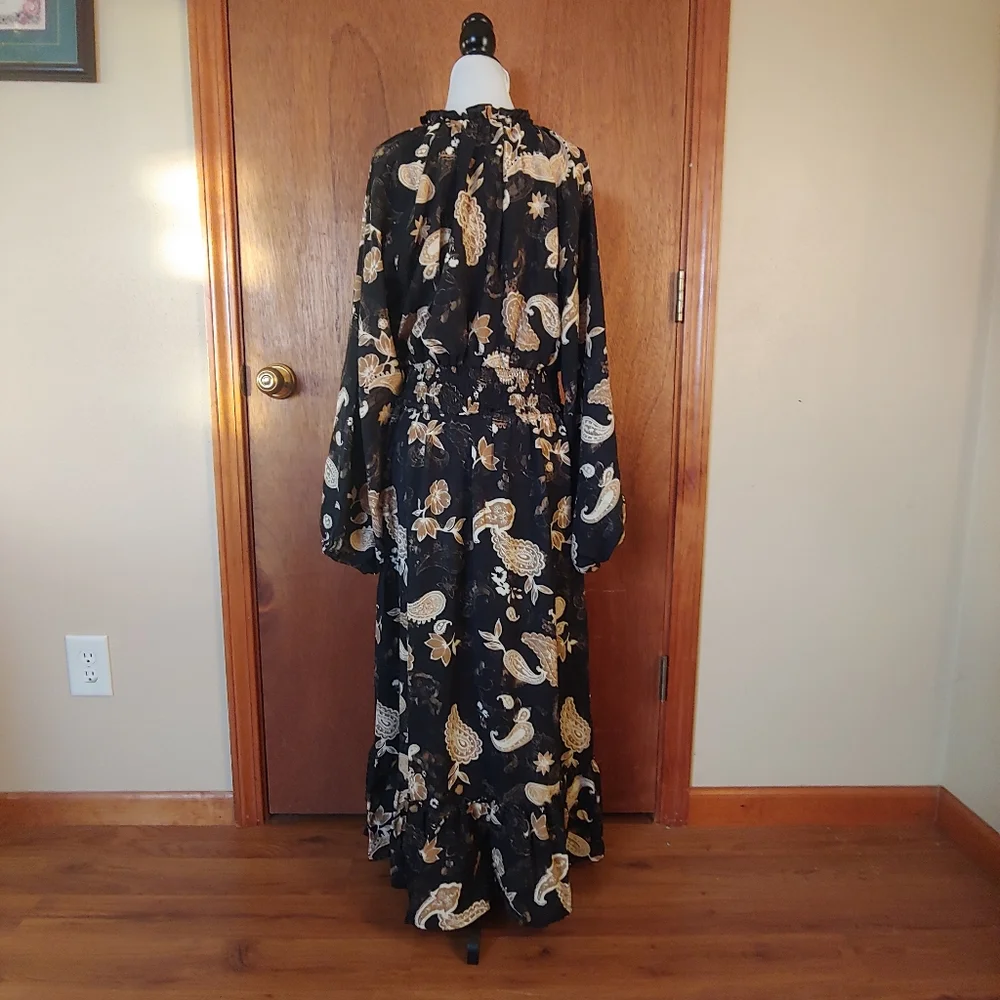 Like New Blencot Black Yellow Paisley Floral Long Sleeve Flowy Maxi Dress L - Picture 5 of 13
